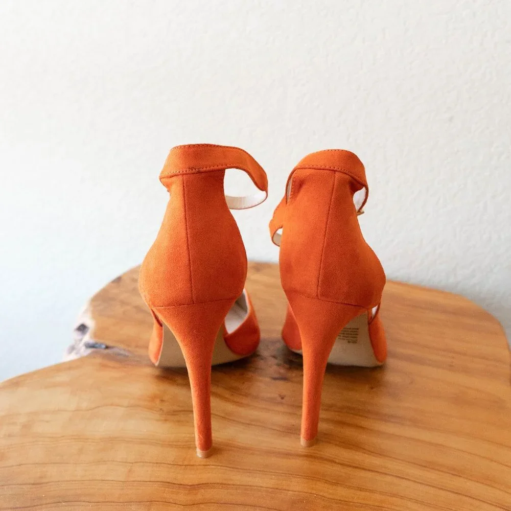 Eva Mendes Orange Suede Ankle Strap Heels | Size 9M Pointed Toe Stilettos - Picture 4 of 6